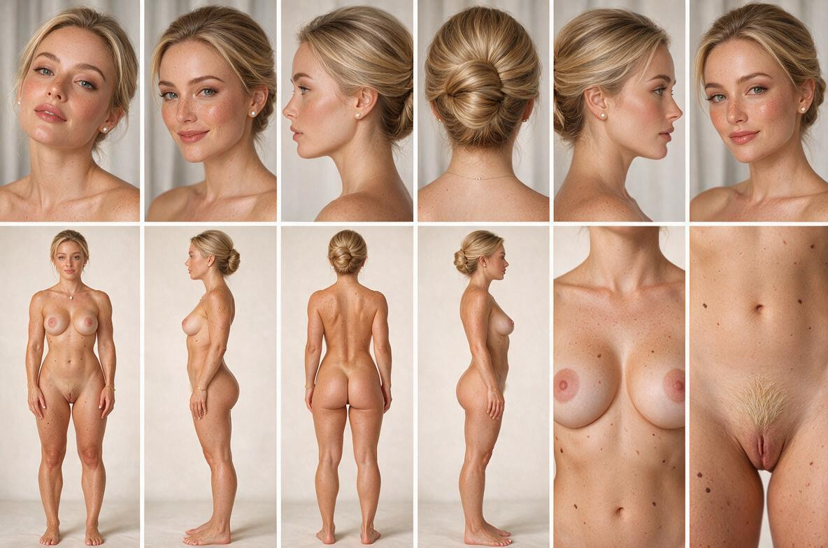 Self-assured Gaze Naturally Full Blonde-brown Eyebrows With Graceful Arches And Tapered Ends A Straight Elegant Nose With A Refined Bridge And Softly Rounded Tip Full Rose-pink Lips With A Defined Cupid’s Bow, And Nose Distinct Beauty Marks And Moles Appear Across Her Torso, Muted Taupe And Champagne Eyeshadow AI Porn