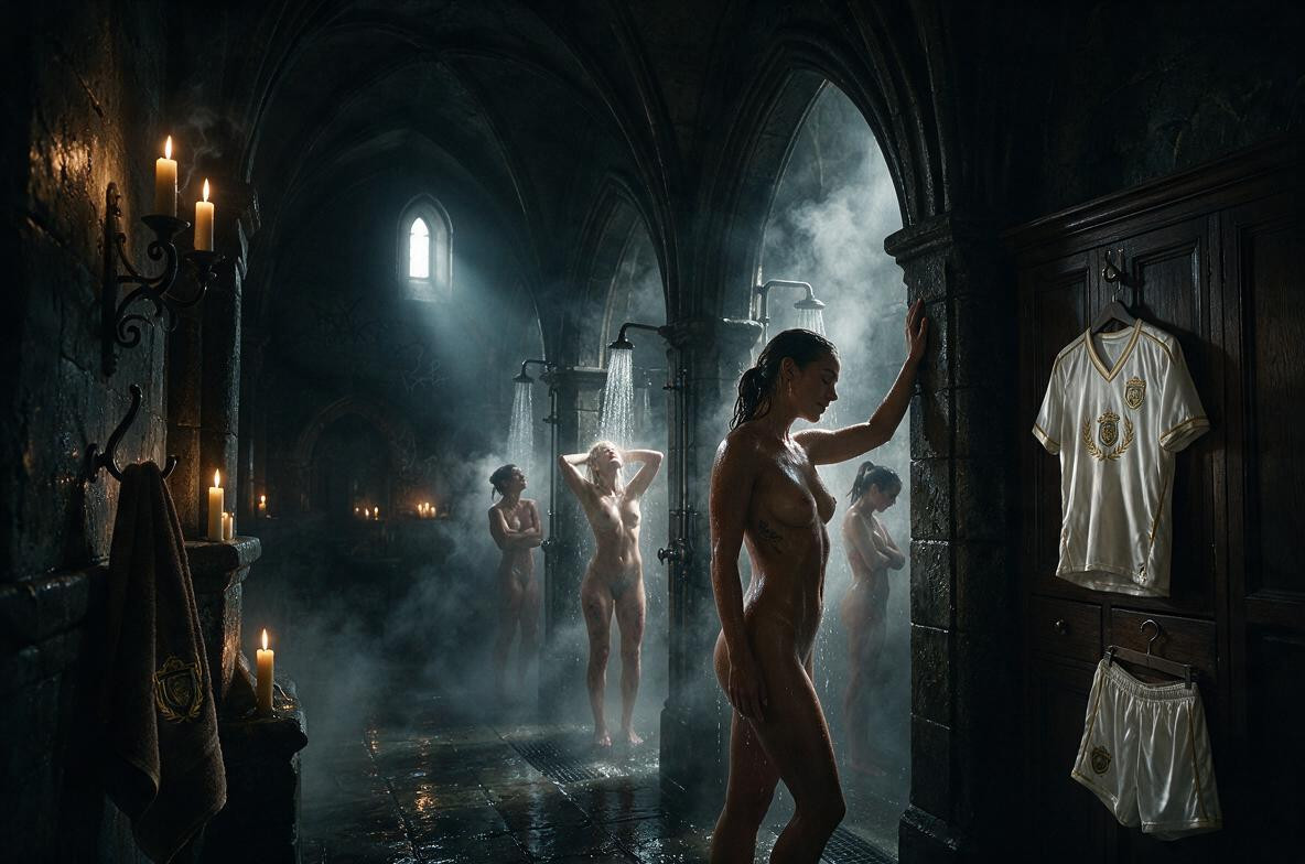 Naked Female Athletes, Sexy, White And Gold Uniforms Hanging Outside AI Porn