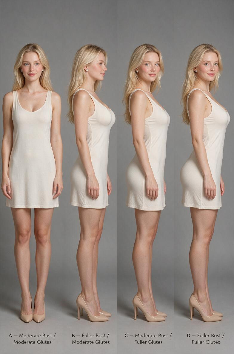 Natural Textures Arrange Four Groups Horizontally And Label Only Beneath Each Group A — Moderate Bust / Moderate Glutes B — Fuller Bust / Moderate Glutes C — Moderate Bust / Fuller Glutes D — Fuller Bust / Fuller Glutes Variation Rules A Moderate Bust, And No Distracting Accessories Each Of The Four Groups Must Contain Two Full-body Views Of The Same Woman Left = Front View Facing Camera Directly, Subtle Flyaways Porno IA