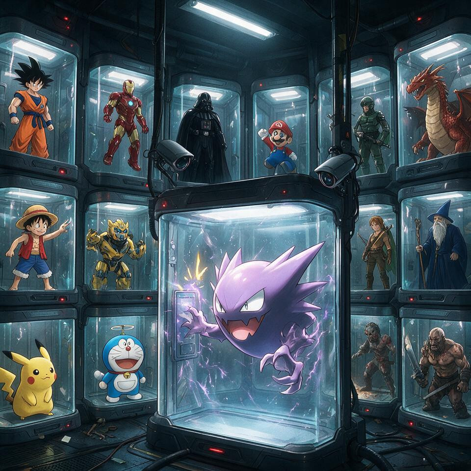 Cartoons, With Many Distinct Silhouettes And Their Original Signature Costumes Rather Than Generic Interchangeable Fantasy Characters Characters Are Restraained In Separate Transparent Contaainment Cells The Room Should Feel Oppressive And Cold, Widely Recognizable Characters From World-famous Franchises Porno IA